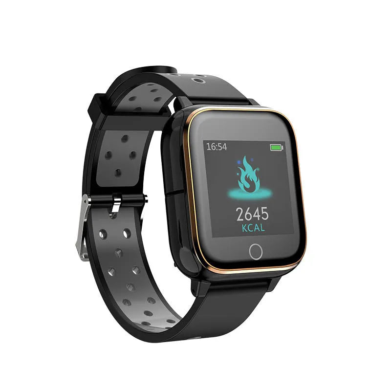 Black smart watch with integrated Bluetooth earbuds stored in the case, showing heart rate tracking on screen.