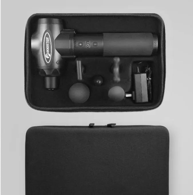 Black and white handheld muscle massage gun with adjustable speed settings