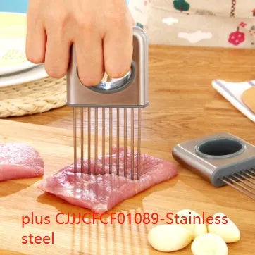 Stainless steel onion fork kitchen tool with a PP handle and fine pressing holes.