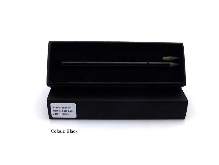 Silver inkless metal pen with alloy nib next to its storage box and spare nib.