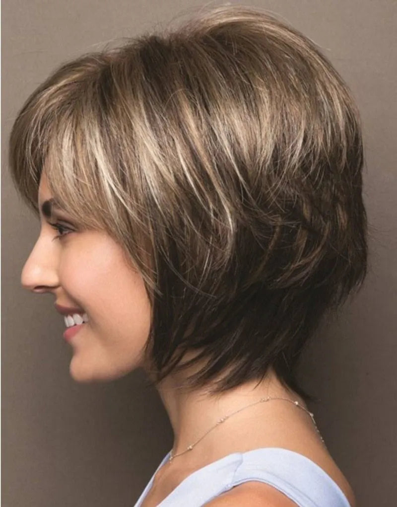 Mixed blonde brown short heat resistant synthetic wig on display