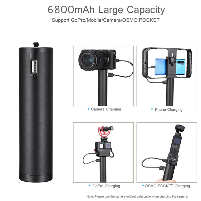 Black aluminium alloy charging treasure handle with 6800mAh battery capacity measuring 12.5cm