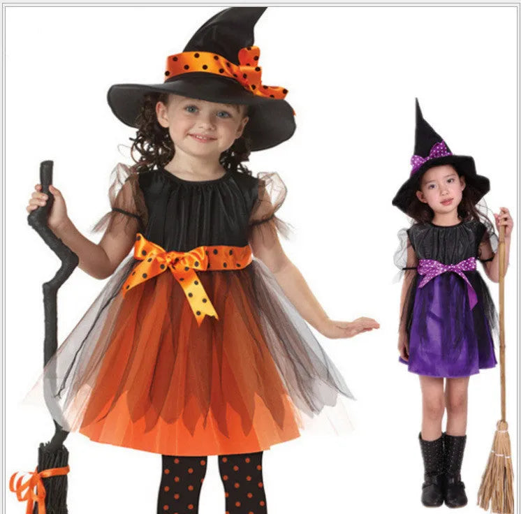Children's witches costume in linen fabric, available in multiple colours and sizes from 50cm to 160cm.