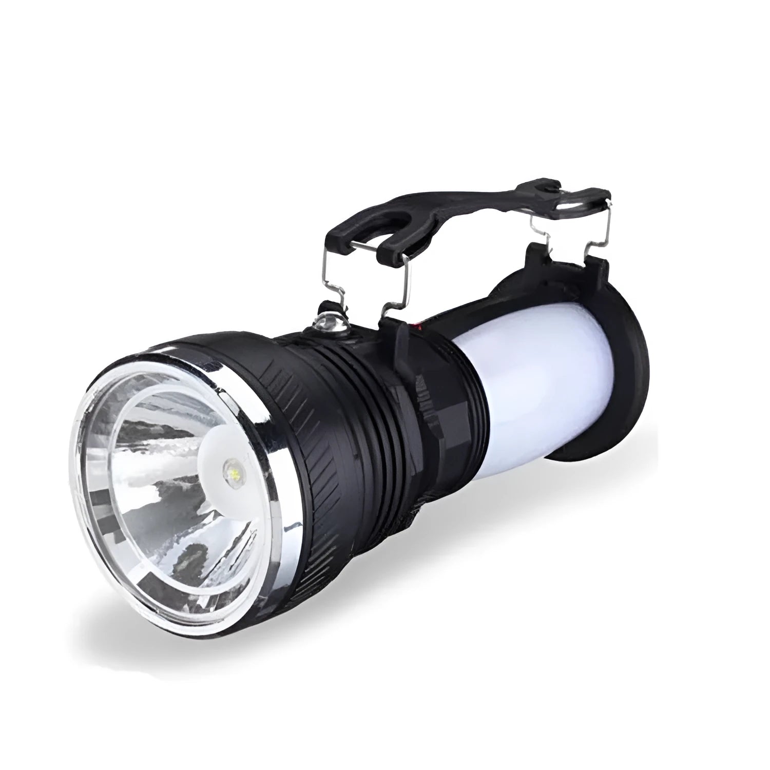 Black solar charging LED emergency flashlight with USB port on a textured surface.