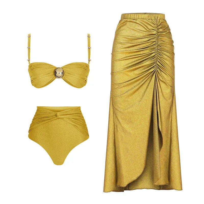 Women's high waist bikini swimsuit with skirt cover-up in yellow split or green one-piece design