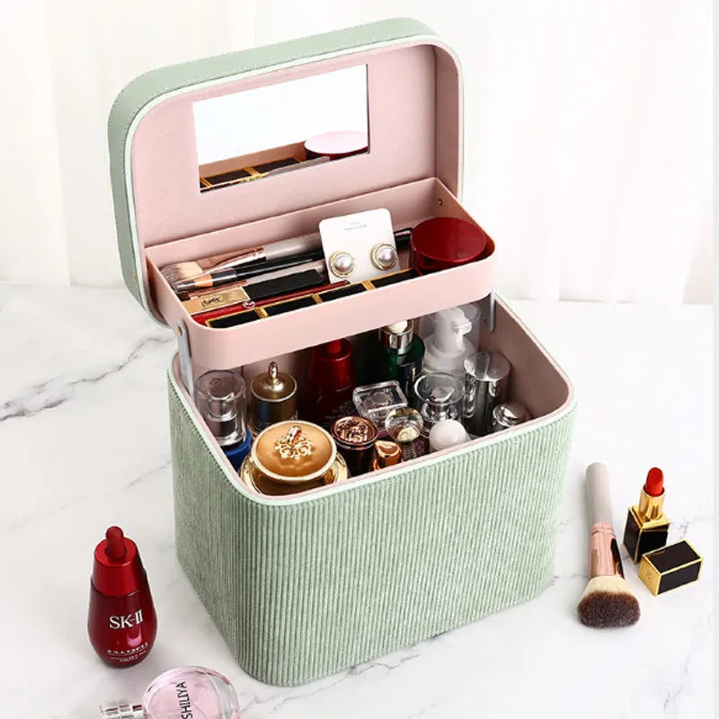 Large corduroy cosmetic storage box with polyester cotton lining in a solid colour.