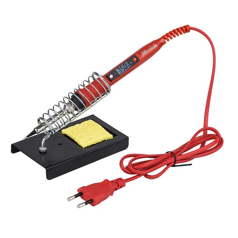 80W LCD adjustable temperature soldering iron kit with desoldering pump, five tips, stand, sponge, tweezers, wire stripper, and fabric case in black