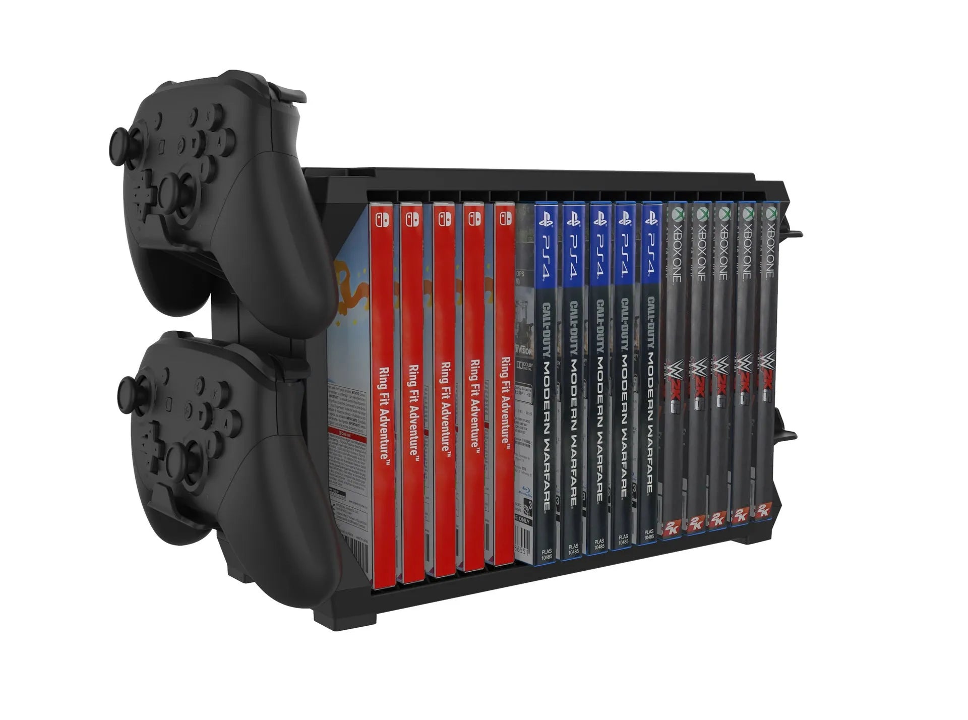 Black ABS plastic disc holder stand for PS5 and Xbox Series X game cartridges with four controller storage bays.