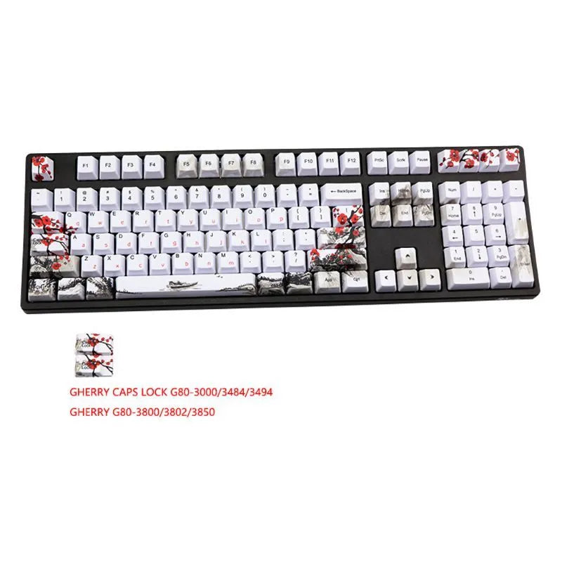 PBT Wangjiang plum blossom themed keycap set for mechanical keyboards, showing Korean and Japanese legend options.