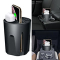 Black X9 car wireless charging cup with detachable base on a car dashboard, showing LED light and phone charging.