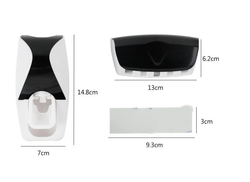 White wall-mounted bathroom set with a toothbrush holder and a pump-action toothpaste dispenser.
