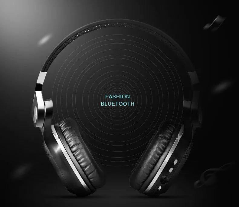 A black Bluetooth stereo headset with head-mounted design and visible ear cups, shown on a white background.