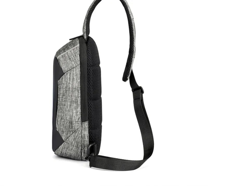 Dark blue waterproof oxford cloth chest bag with a zipper and single strap.