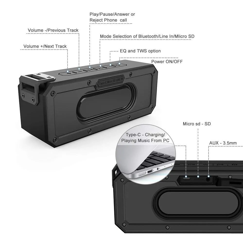 Black or blue outdoor waterproof portable 40W Bluetooth speaker with carrying rope.