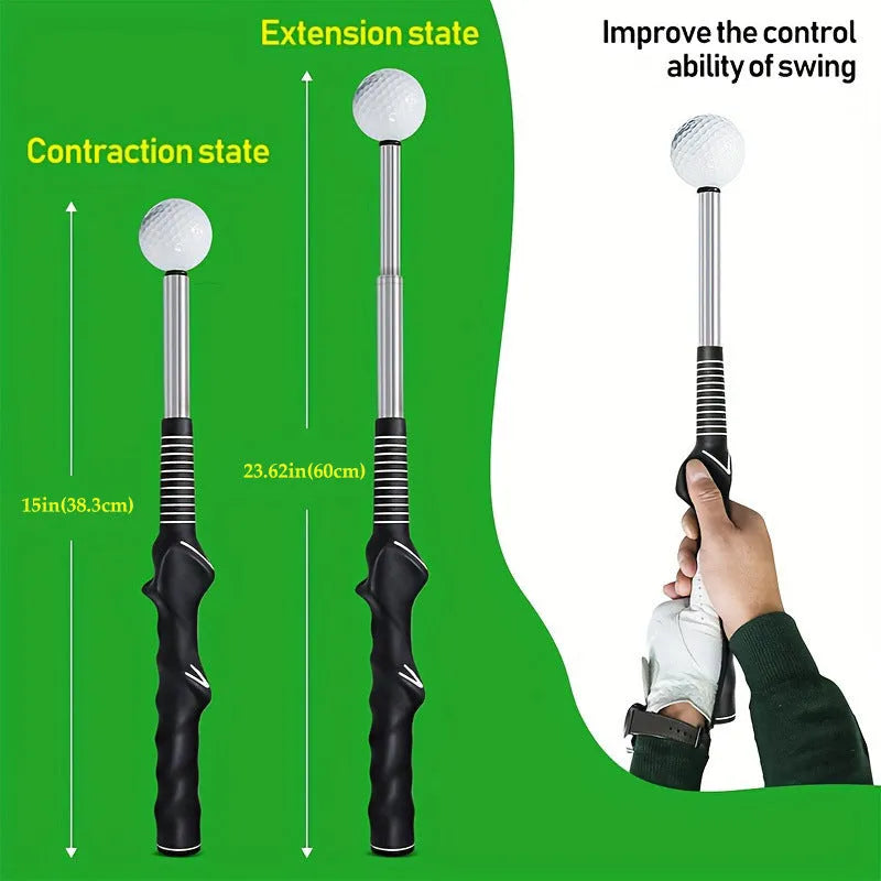 Telescopic golf swing trainer in stainless steel, shown extended for use