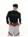 Black and white long sleeve mesh slim fit shirt laid flat, showing mesh fabric texture.