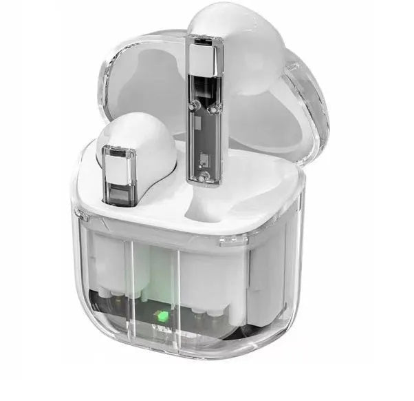 Transparent space capsule case containing white Bluetooth earbuds with a digital battery display.