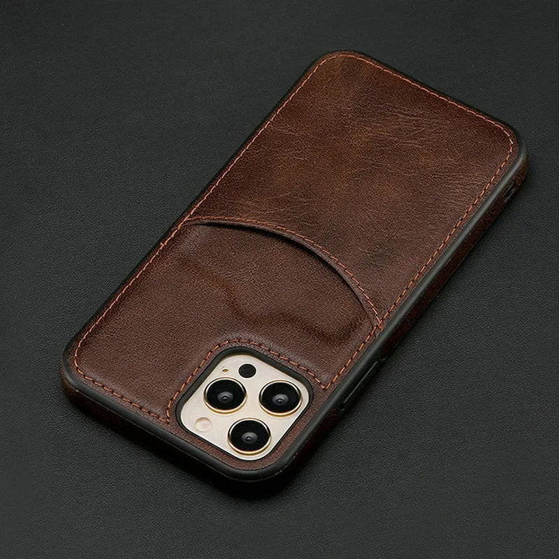 Dark blue PU leather protective case for an iPhone, shown from the back.