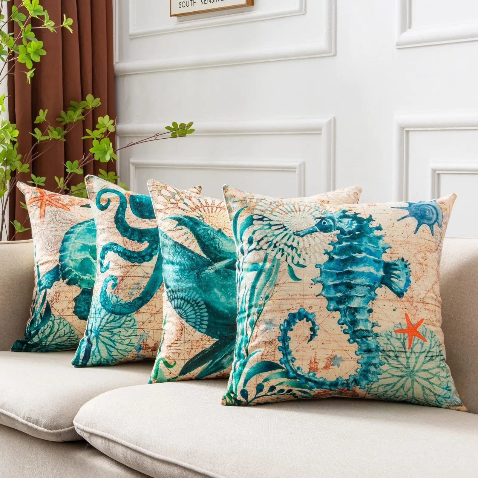 Square linen cushion cover with a detailed blue sea turtle print, showing a hidden zipper along one edge.