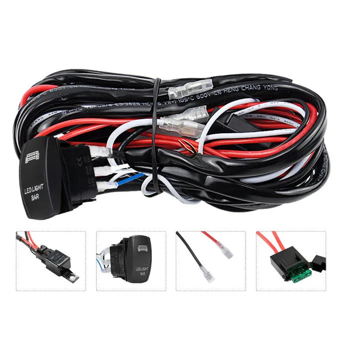 Black off-road LED spotlight wiring harness kit with 2-metre cable and waterproof switch