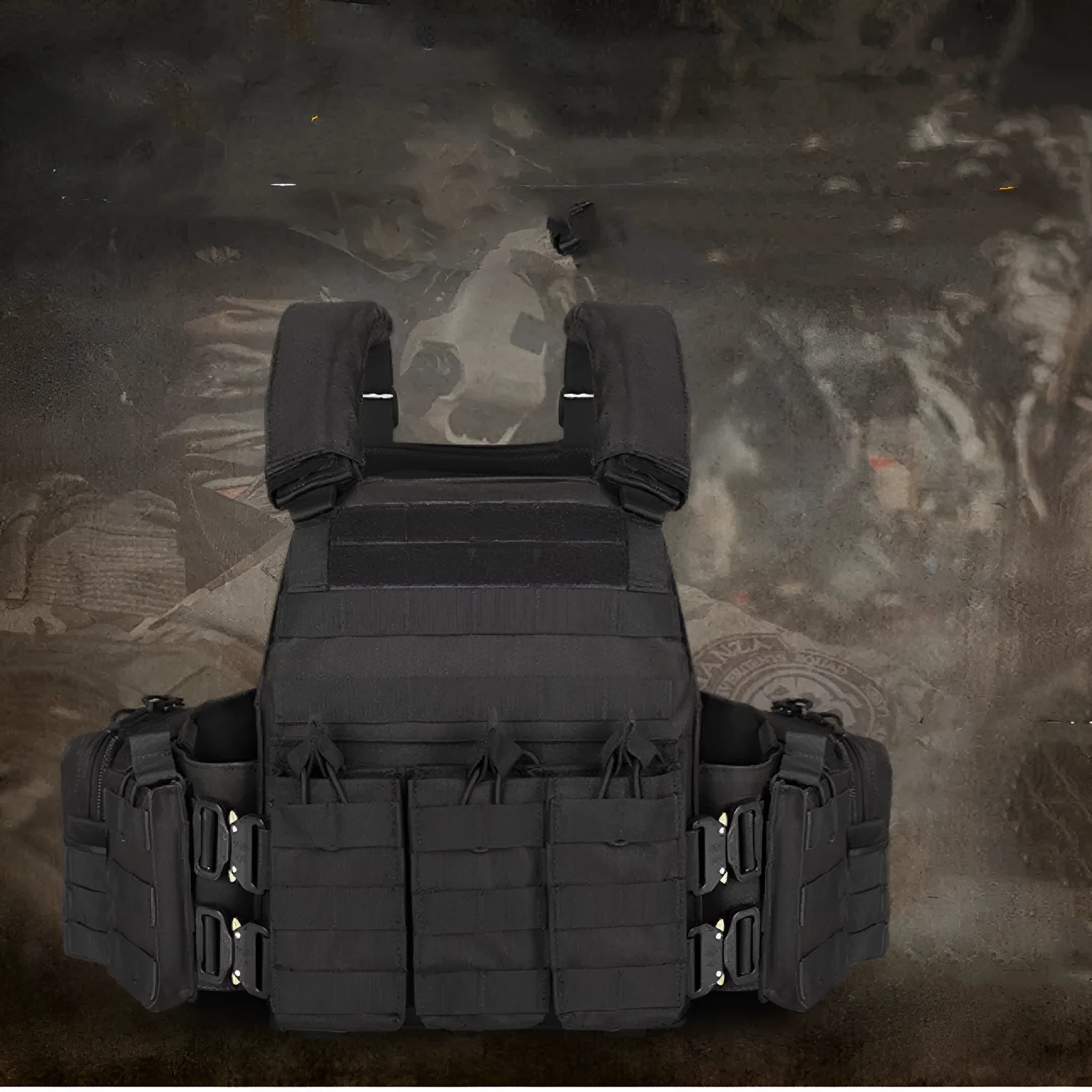 Men's camouflage tactical vest in wear-resistant polyester for outdoor training.