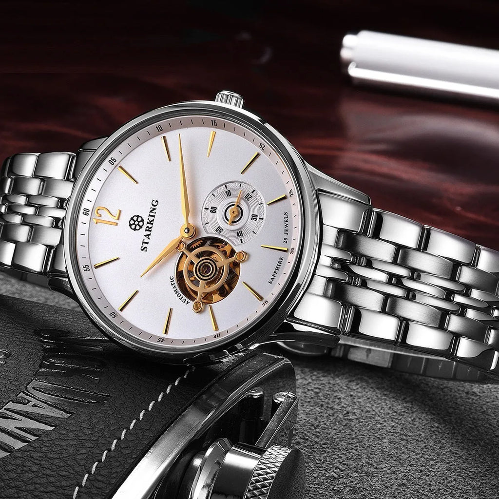 Men's automatic mechanical business watch with brown leather strap and stainless steel case on white dial.