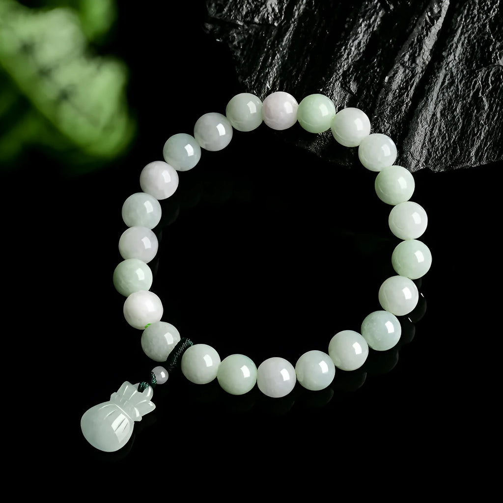 Ice Jade 8mm flower bead bracelet with jade purse charm, unisex national style jewellery