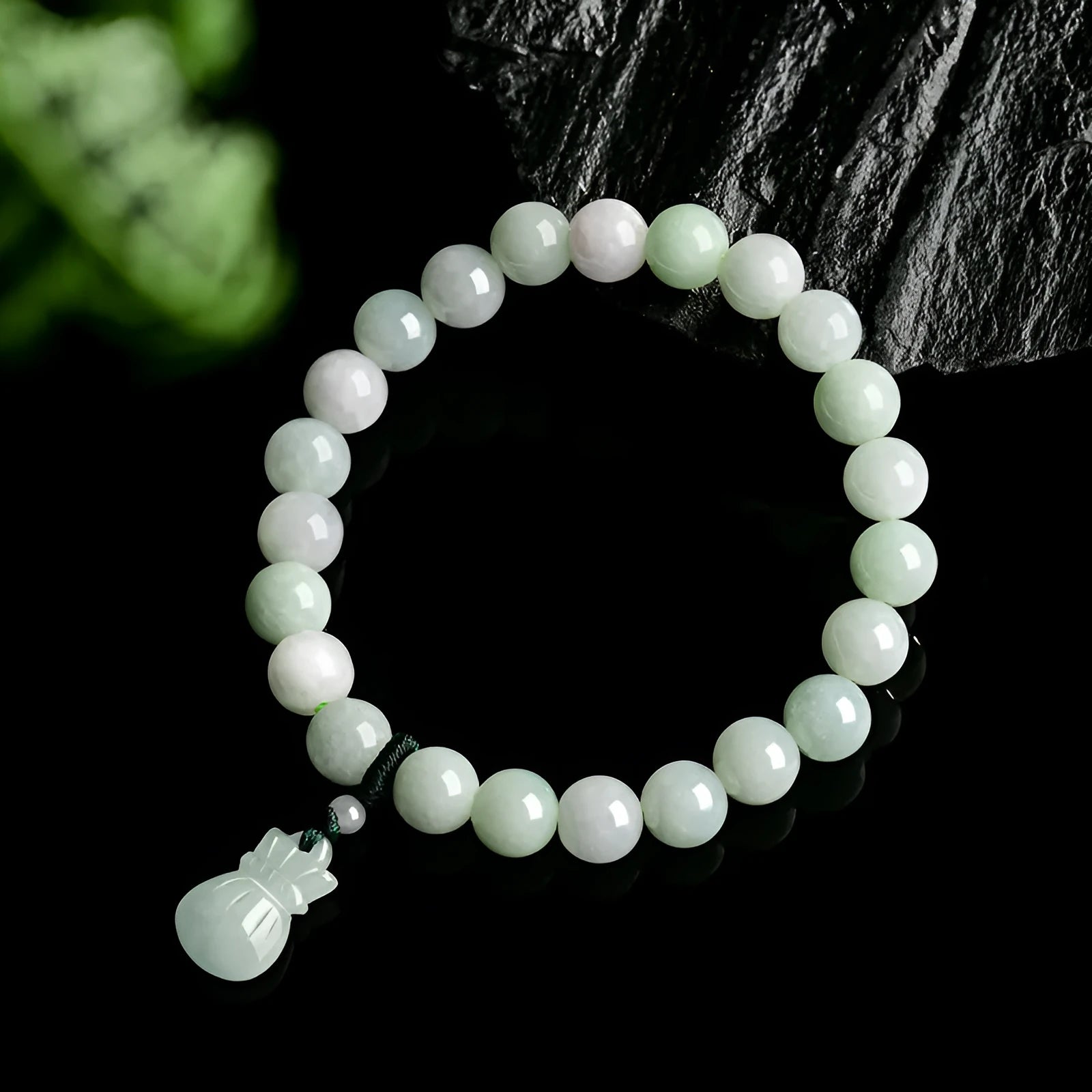 Ice Jade 8mm flower bead bracelet with jade purse charm, unisex national style jewellery