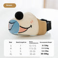 Canvas dog muzzle in Ollie Brown Bear and Bondi Blue Shark colours, showing sizes S, M, L, XL for different dog weights.