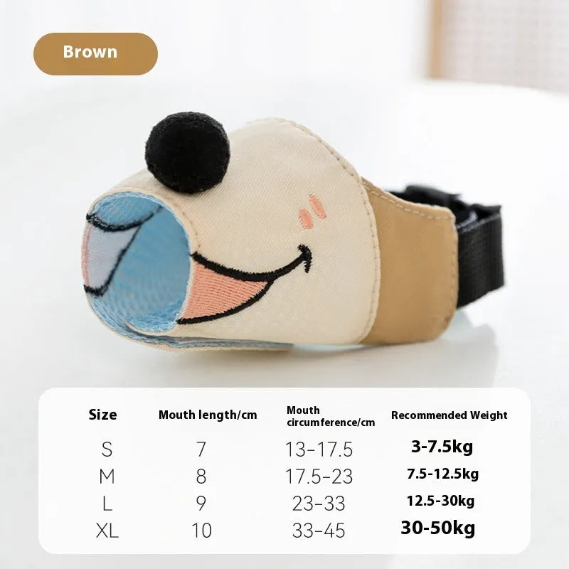 Canvas dog muzzle in Ollie Brown Bear and Bondi Blue Shark colours, showing sizes S, M, L, XL for different dog weights.