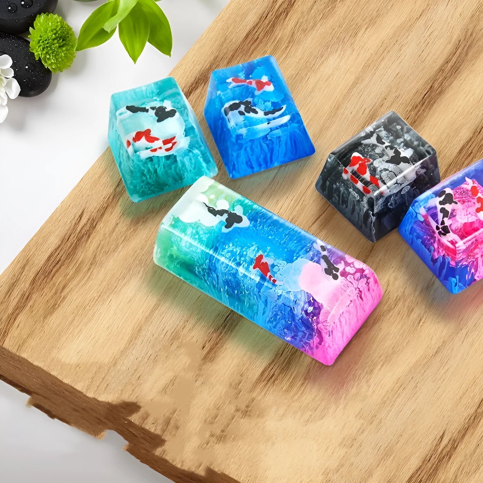 Handcrafted resin keycap with koi fish and pond scenery for Cherry MX keyboard switches.