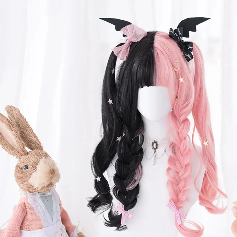 Harajuku Japanese Lolita cosplay wig with long Black Pink curly hair and fringe