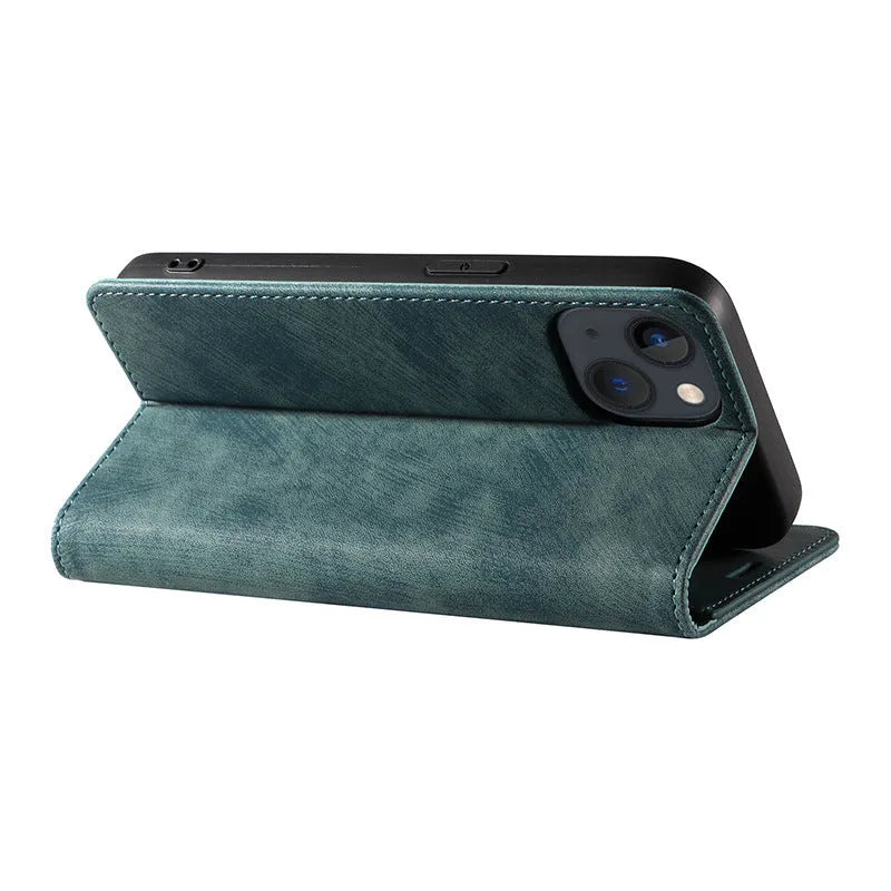 Magnetic flip phone case in grey colour made of TPU and leather for iPhone.