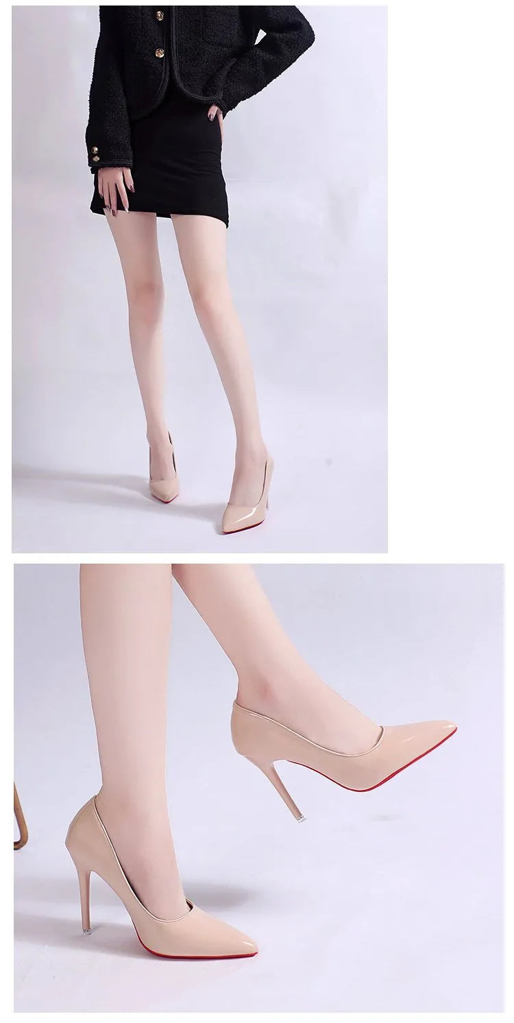 Women's solid colour pointed-toe pumps with a stiletto heel and shallow-mouth design.