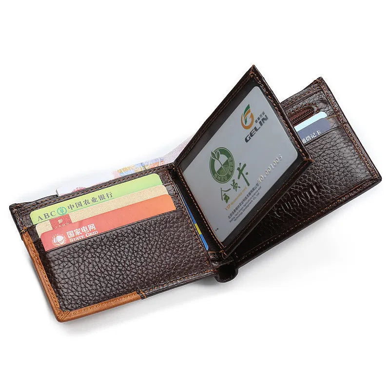 Soft leather men's wallet with personality stitching, shown open to reveal card slots, bill holder, and a zippered coin compartment.