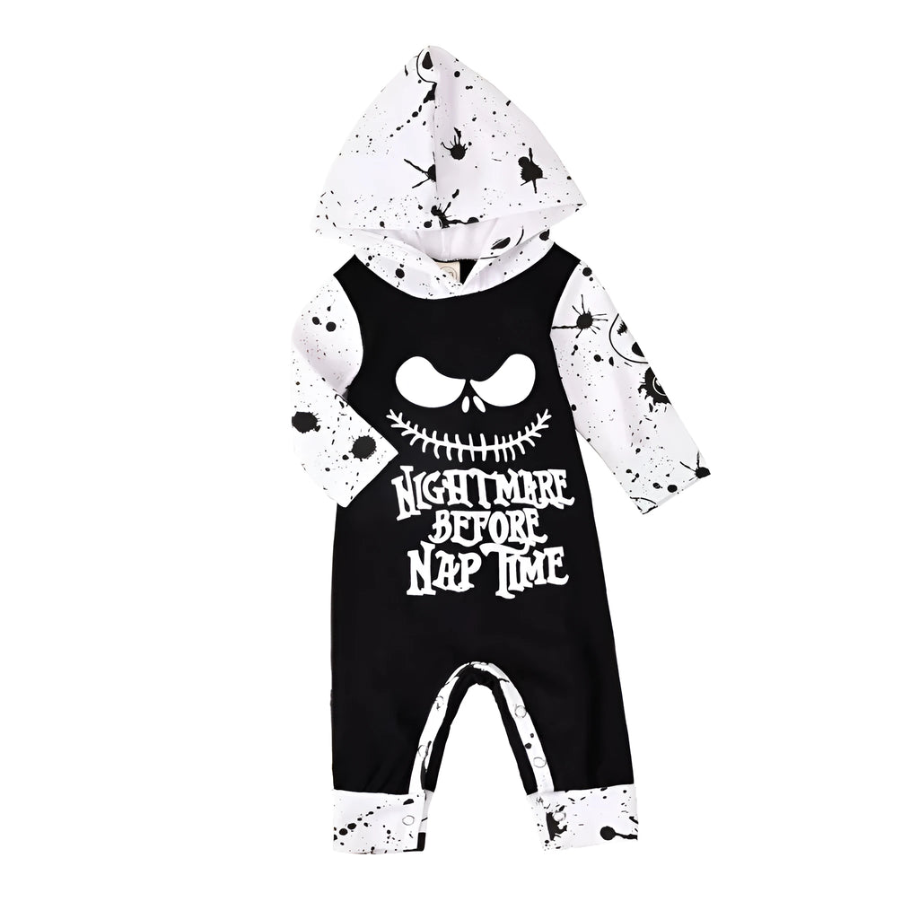 Black or brown cotton Halloween romper with long sleeves and a hood, laid flat.