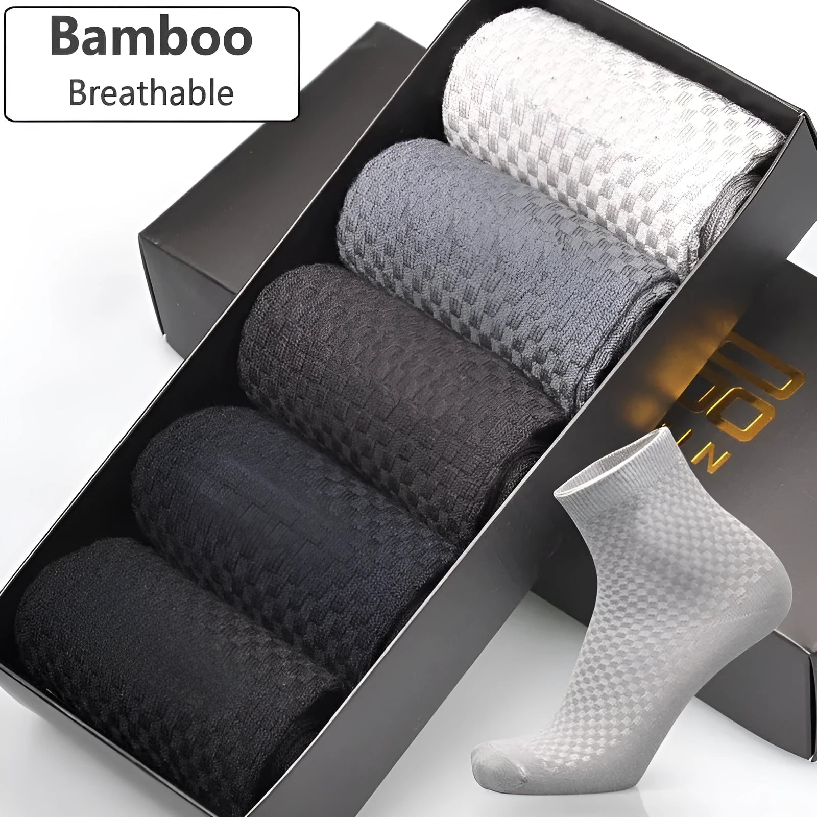 Men's bamboo fibre business socks in grey with a small-square pattern, shown on a foot.