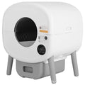 White intelligent automatic self-cleaning cat litter box with control panel, shown with deodorising tablets and cleaning brush.