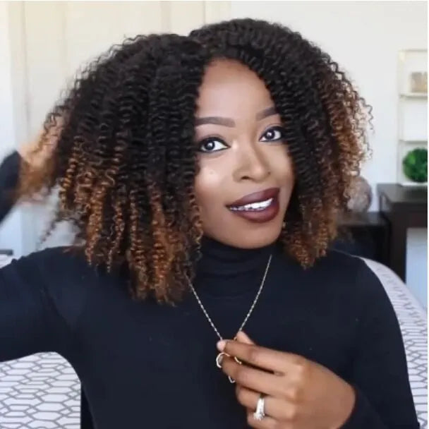 Short curly wig explosion head style long bang high temperature silk black brown gradient for ladies