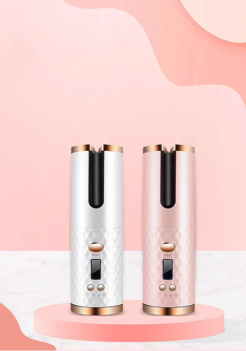 Black rechargeable automatic hair curler with LCD display and ceramic tourmaline curling barrel.