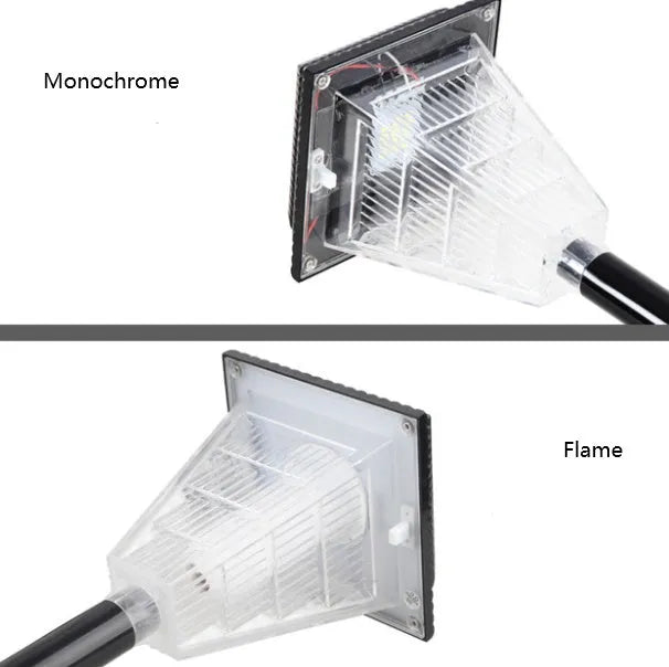 Solar garden light with colour changing LEDs in outdoor setting showing flame, green, red, and white light options