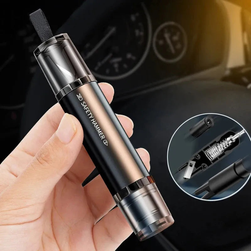 Black and red 2-in-1 car emergency safety hammer with tungsten steel glass breaker tip and seat belt cutter slot