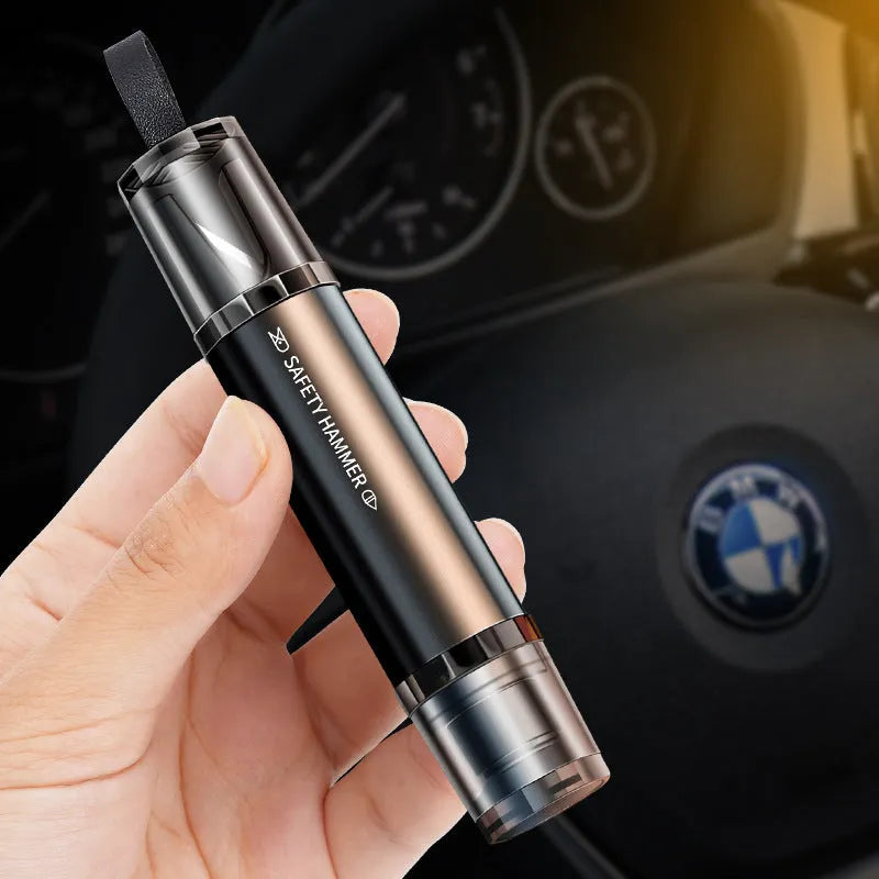 Black and red 2-in-1 car emergency safety hammer with tungsten steel glass breaker tip and seat belt cutter slot
