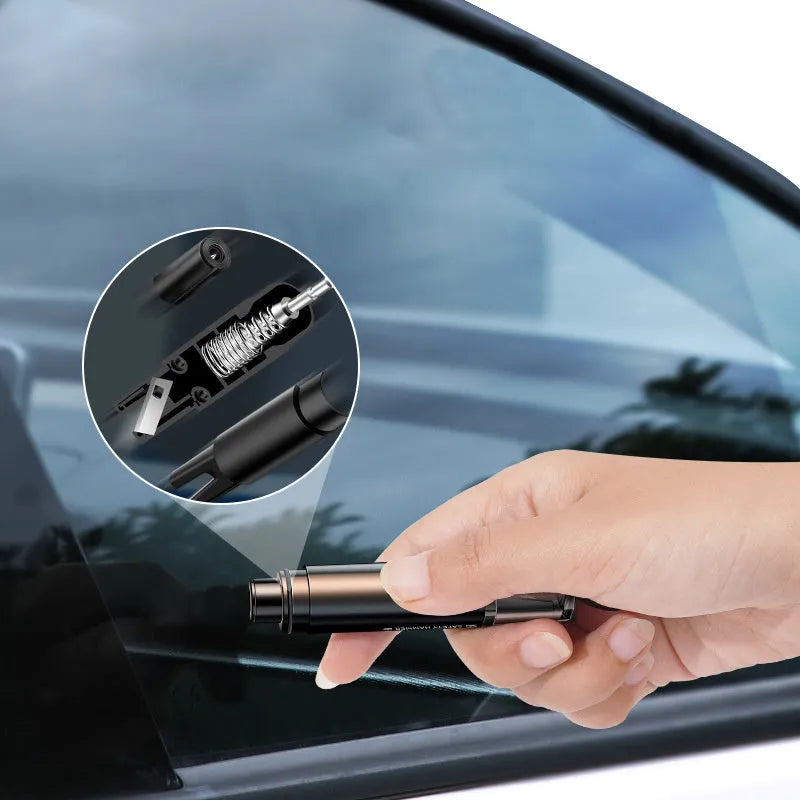 Black and red 2-in-1 car emergency safety hammer with tungsten steel glass breaker tip and seat belt cutter slot