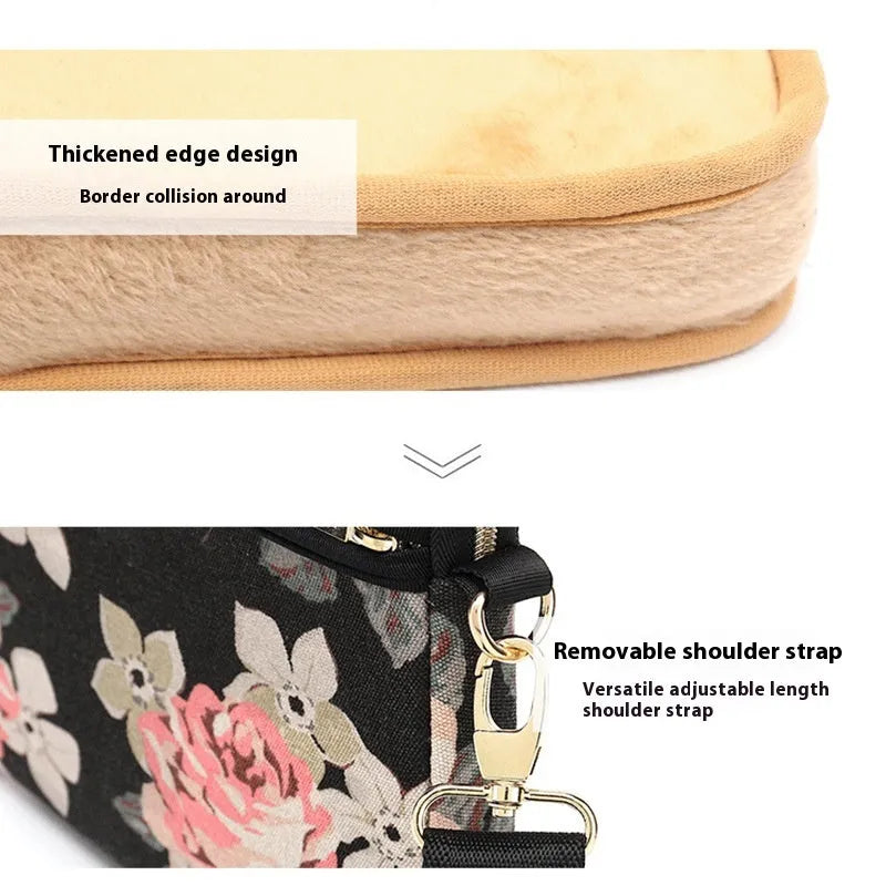Canvas laptop sleeve with printed pattern for 13-15 inch notebooks, plush lining, and padded shoulder strap