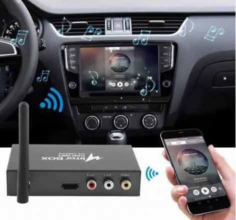 Black car Wi-Fi mirror box with antenna, power cable, and AV cable for smartphone to car screen display