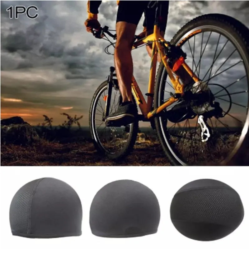 Black anti-sweat quick dry cycling cap on white background, polyester spandex material, 22x15cm size