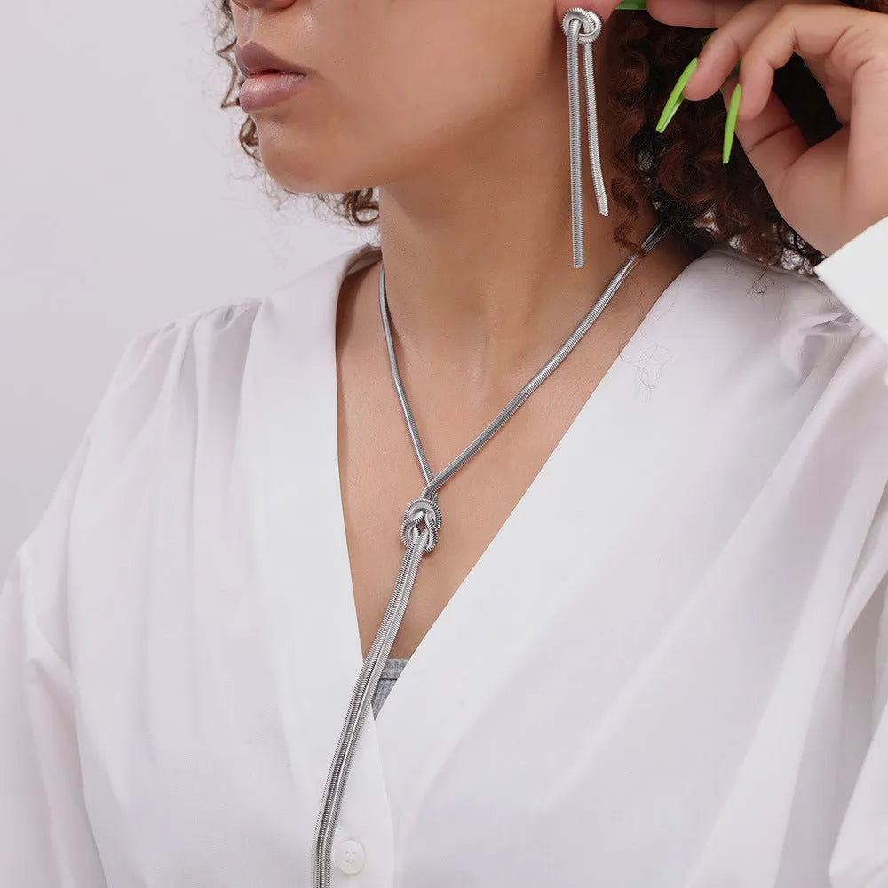 Gold knotted tassel snake chain long necklace with matching titanium steel earrings set