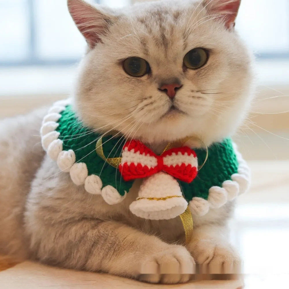 Christmas pet scarf with knitted wool Santa reindeer bell designs in multiple colours and sizes