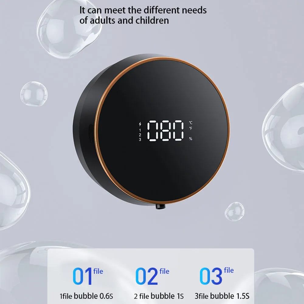 Black automatic sensing foam dispenser with USB port mounted on bathroom wall